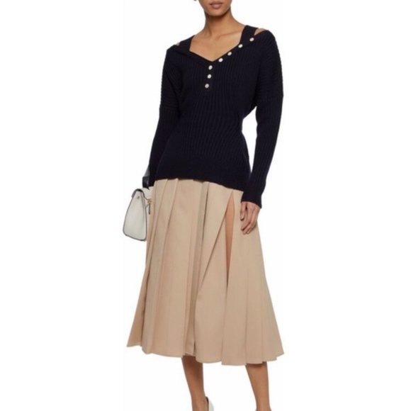 NWT size L 10-12 Derek Lam 10 Crosby black cold shoulder sweater BLACK buttons - Picture 7 of 9